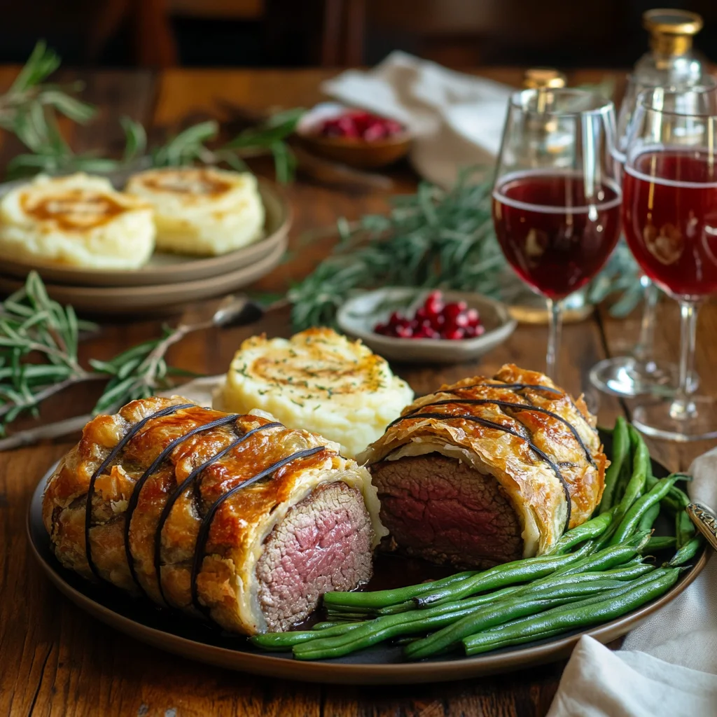 Beef wellington with sides and pomegranate juice