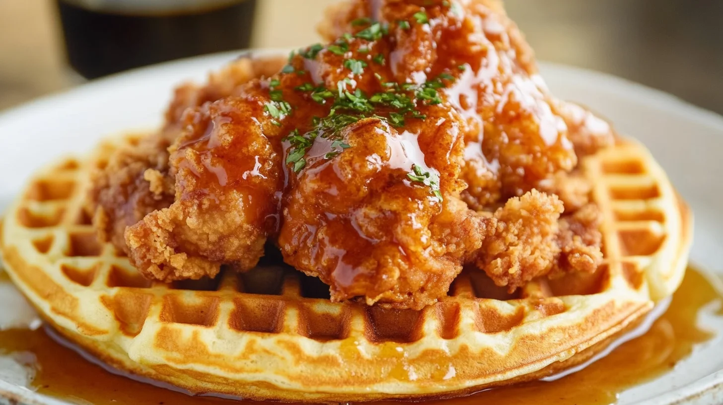 Crispy chicken and waffles served in a cozy Los Angeles soul food diner