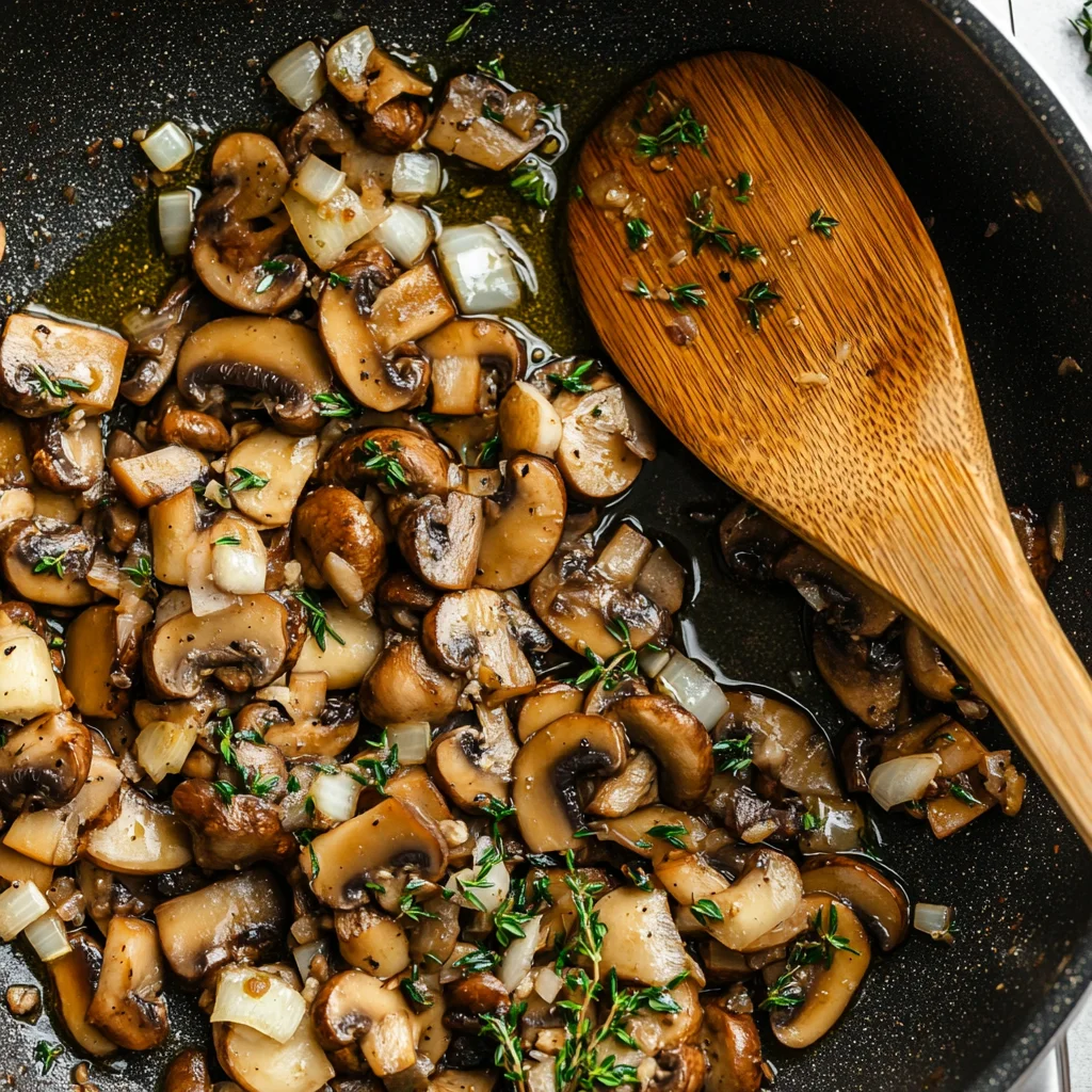 Chopped mushroom duxelles cooking with shallots and herbs