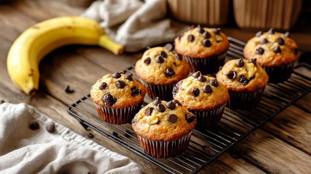 Banana chocolate muffins cooling on a rustic wooden counter with ripe bananas