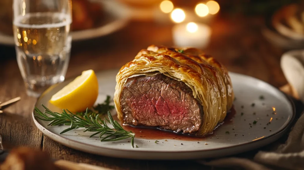Individual beef wellington served with sparkling water and herbs