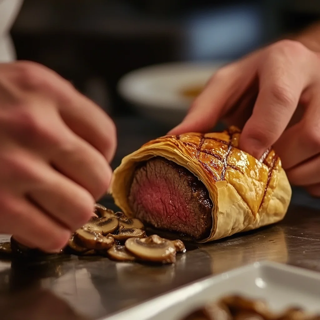 Wrapping beef filet with mushrooms and halal turkey on puff pastry