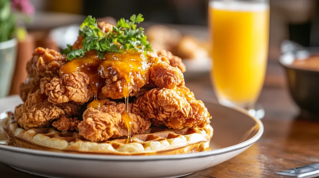 Fried chicken and waffles served with mimosa at a Georgia brunch café