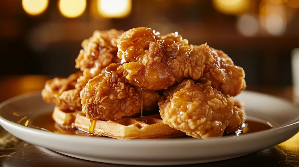 Golden fried chicken on Belgian waffles with syrup in a Southern diner
