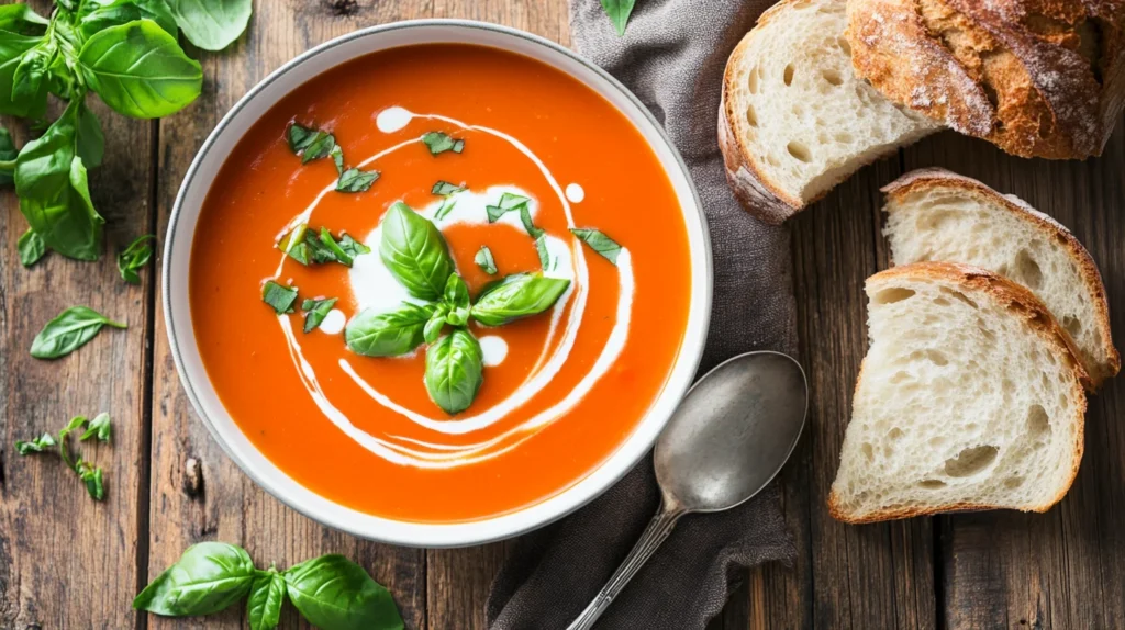 Creamy tomato bisque soup with basil and bread