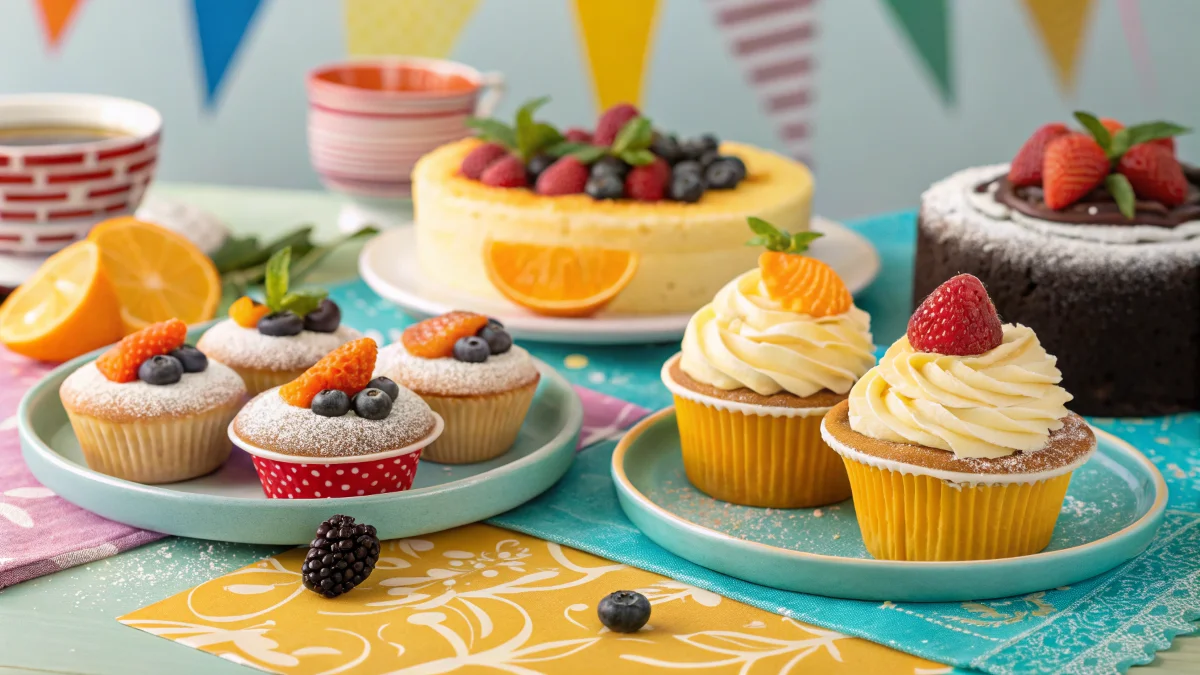 A variety of creative sour milk desserts with unique garnishes.