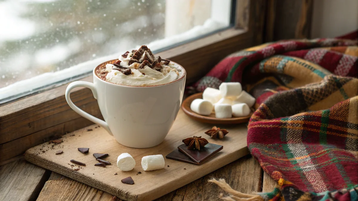 Steaming hot chocolate with whipped cream and chocolate shavings in a cozy winter setting.