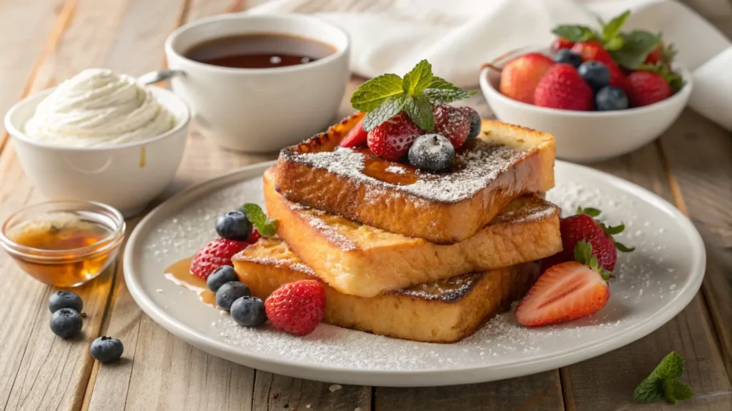 A delicious twist on French toast made with soft brioche, topped with fresh fruit, syrup, or whipped cream for a perfect breakfast treat.