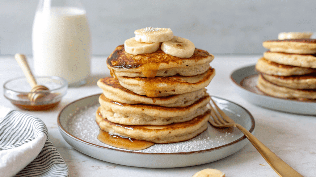 Banana cottage cheese pancakes cooking on a skillet, golden and fluffy.