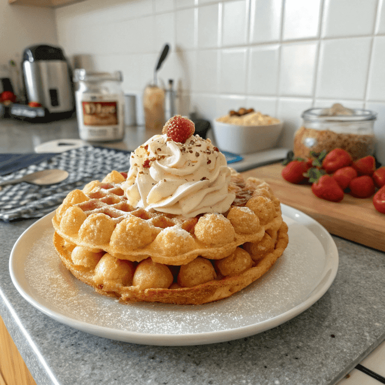 Golden, crispy bubble waffles with chocolate sauce and fresh fruit toppings.