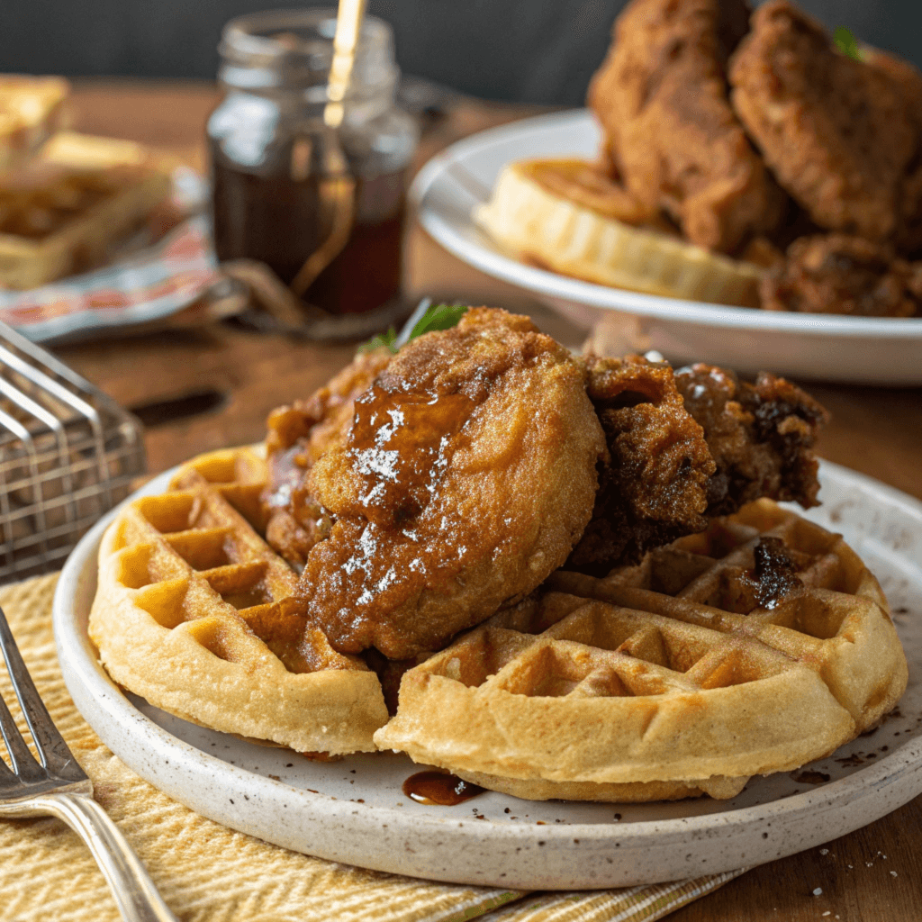 A delicious plate of chicken and waffles served with syrup and a side of hot sauce.