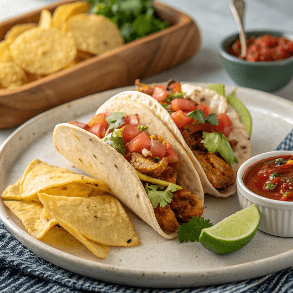 A plate of chicken tacos with a focus on how long they last, highlighting storage tips and freshness considerations.