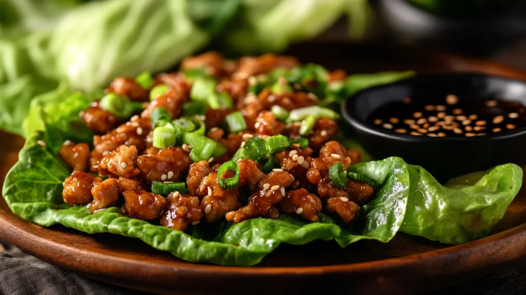 Close-up of PF Chang’s lettuce wraps with soy dipping sauce