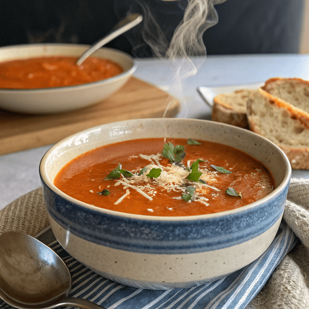 Delicious bowl of creamy tomato bisque soup, garnished with fresh herbs and served with a slice of crusty bread.