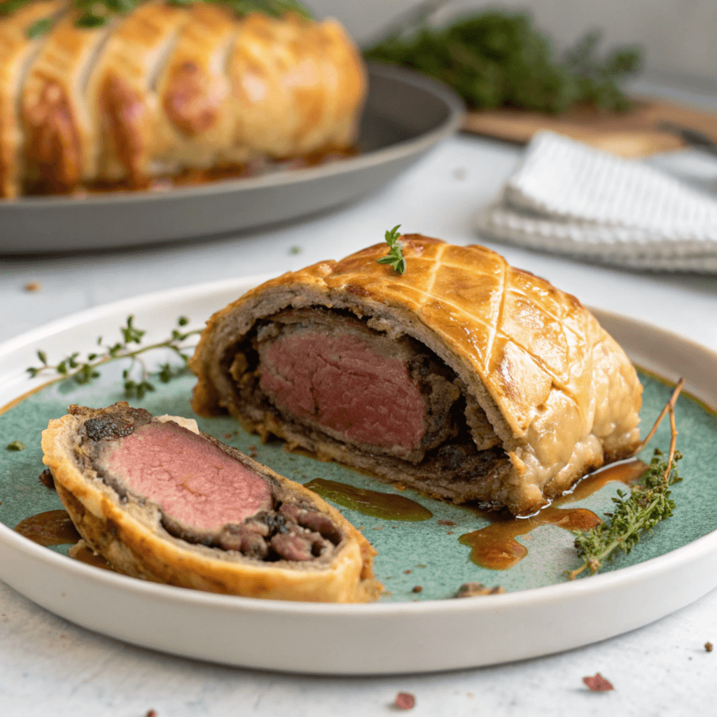 Beef Wellington with golden pastry and tender beef, highlighting common mistakes like undercooked pastry or overcooked meat.