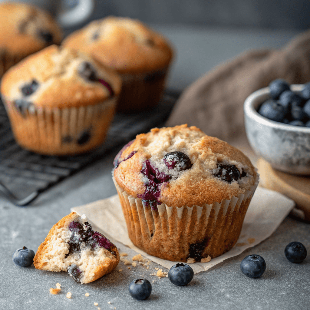 A variety of freshly baked muffins, including blueberry, chocolate chip, and bran, arranged on a wooden tray, illustrating what is the most popular muffin in the world.