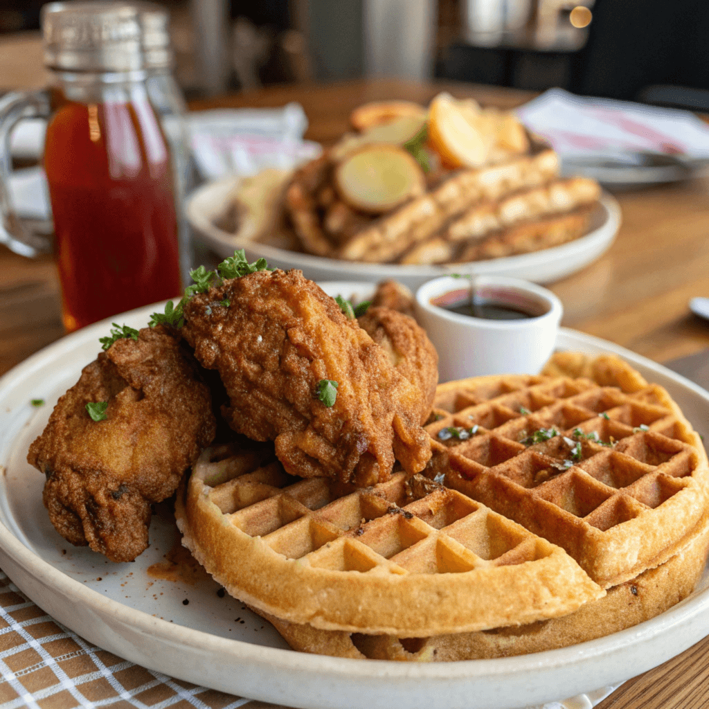 Delicious plate of chicken and waffles with syrup, representing the iconic dish celebrated by famous chefs and restaurants across the country.