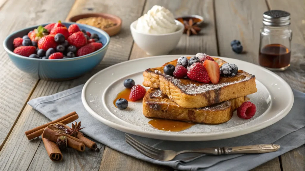 Golden brioche French toast topped with berries, syrup, and powdered sugar, highlighting brioche's rich texture.