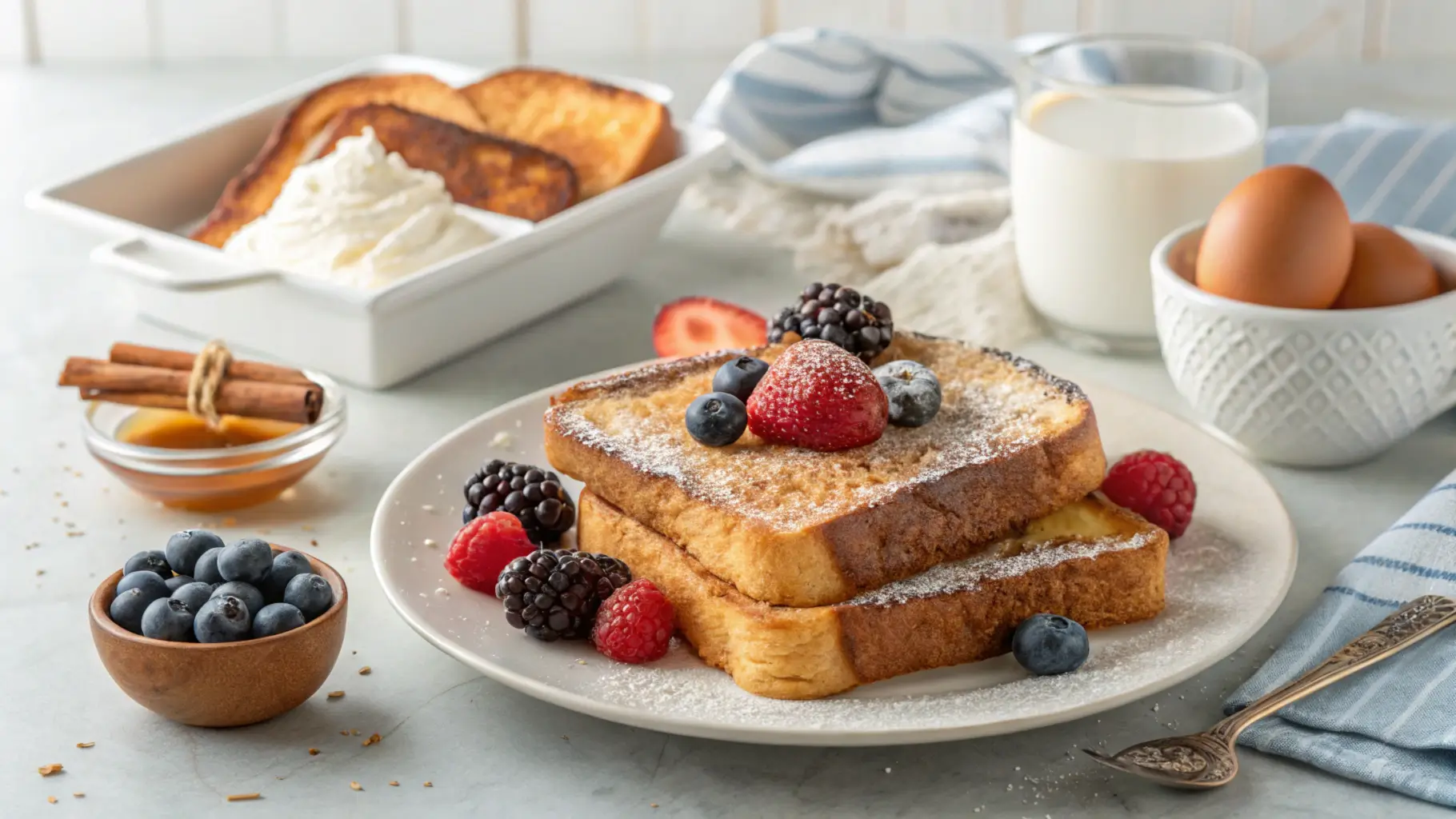 Golden brioche French toast topped with berries, syrup, and powdered sugar, highlighting brioche's rich texture.