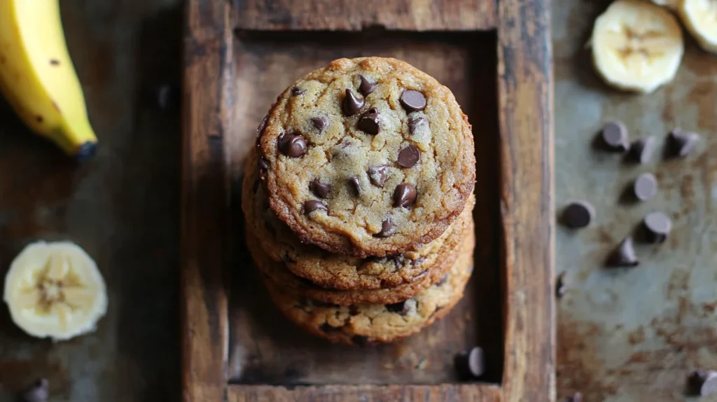 Freshly baked banana bread chocolate chip cookies with melted chocolate chips