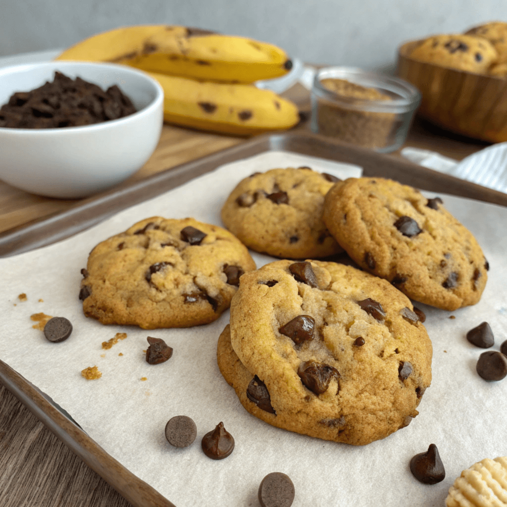 A plate of freshly baked banana chocolate chip cookies with a golden-brown texture, featuring melted chocolate chips and a soft, moist interior.