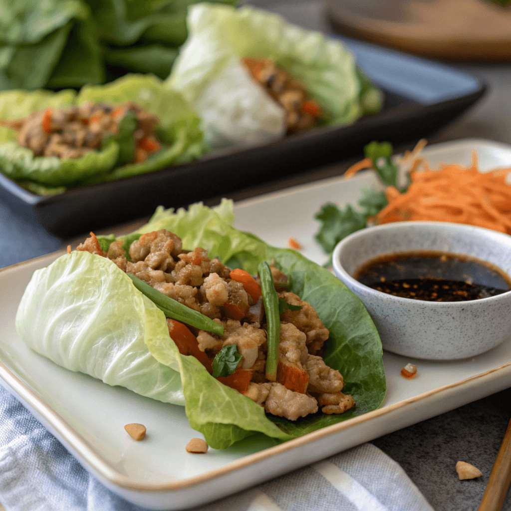 A plate of homemade PF Chang's Lettuce Wraps, featuring fresh lettuce leaves filled with savory ground chicken, vegetables, and a flavorful sauce, ready to be served.