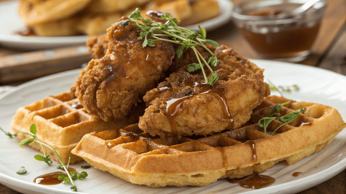 Crispy chicken and golden waffles with syrup - iconic soul food dish
