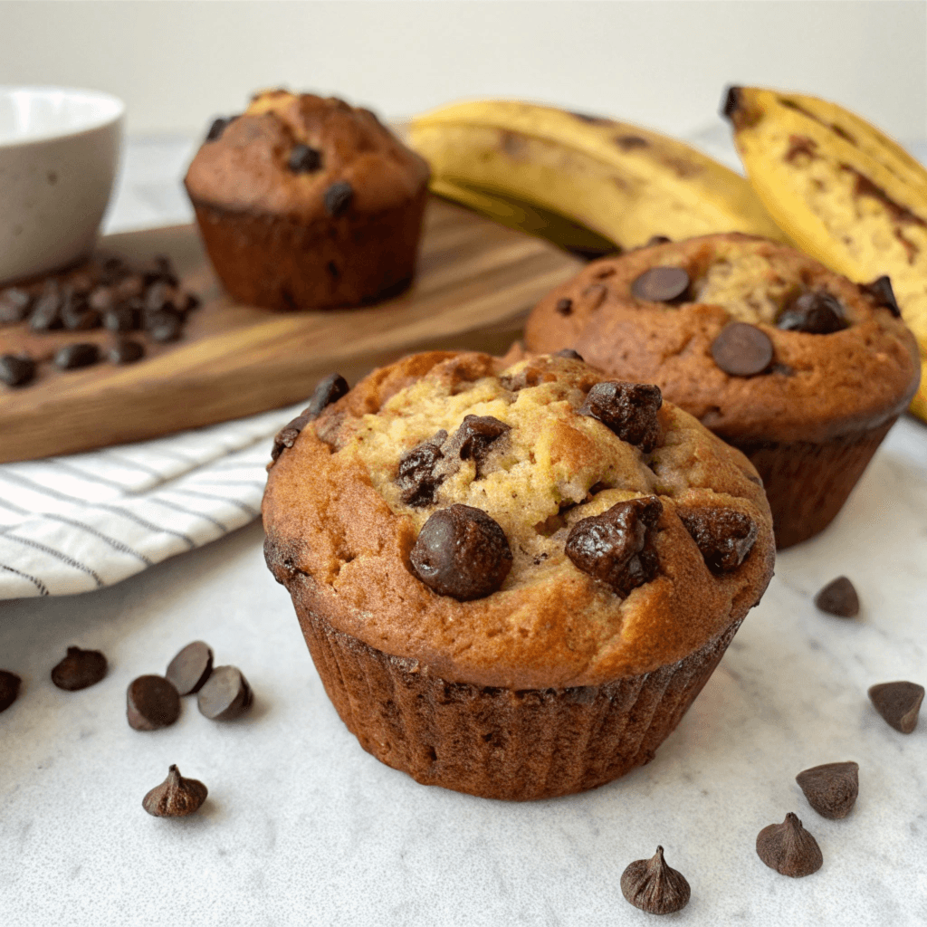 Moist and delicious chocolate chip banana bread muffins on a plate.