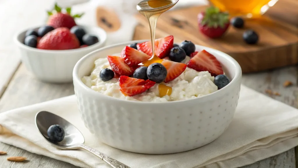 Healthy cottage cheese breakfast bowl with fresh berries and honey.