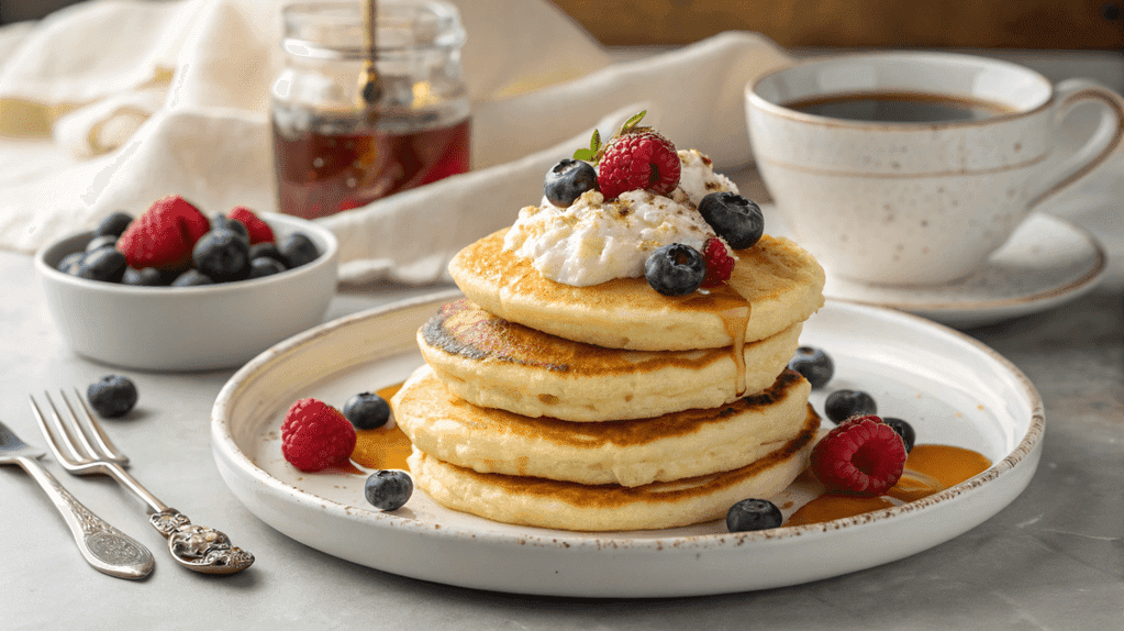 Eggless cottage cheese pancakes, light and fluffy, served with fresh fruit and syrup.