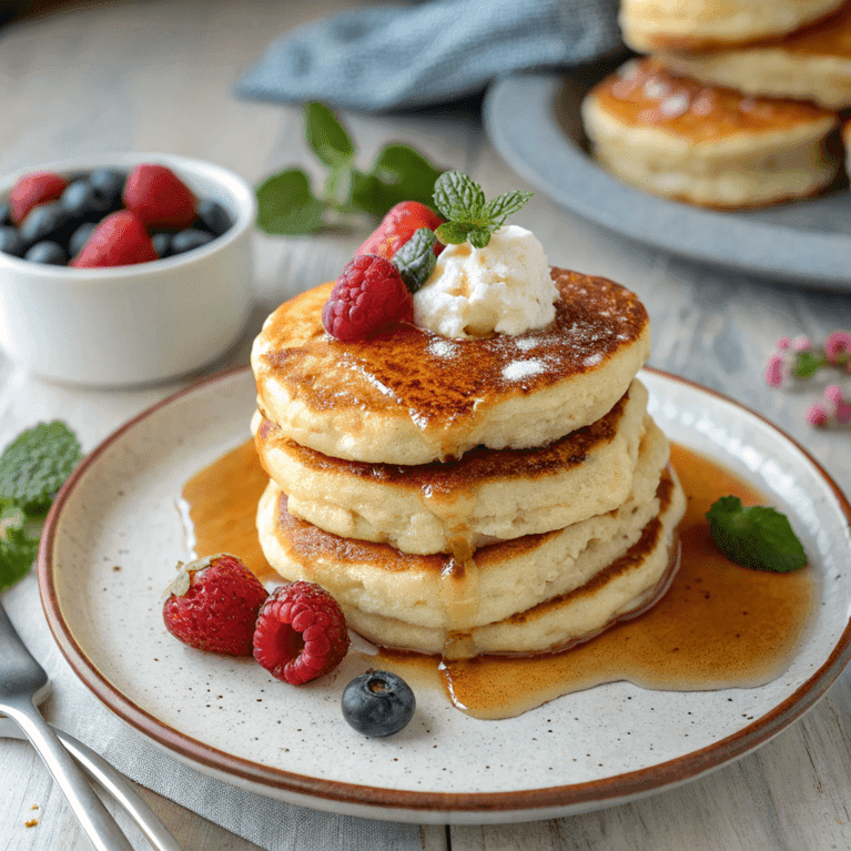 A stack of fluffy cottage cheese pancakes topped with fresh berries, a drizzle of honey, and a dollop of Greek yogurt, served on a rustic wooden table.