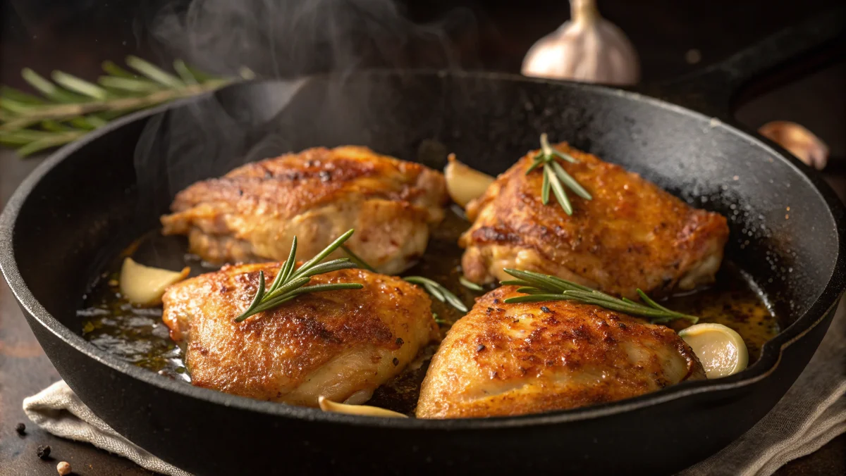 Crispy pan-fried chicken thighs in a cast-iron skillet.