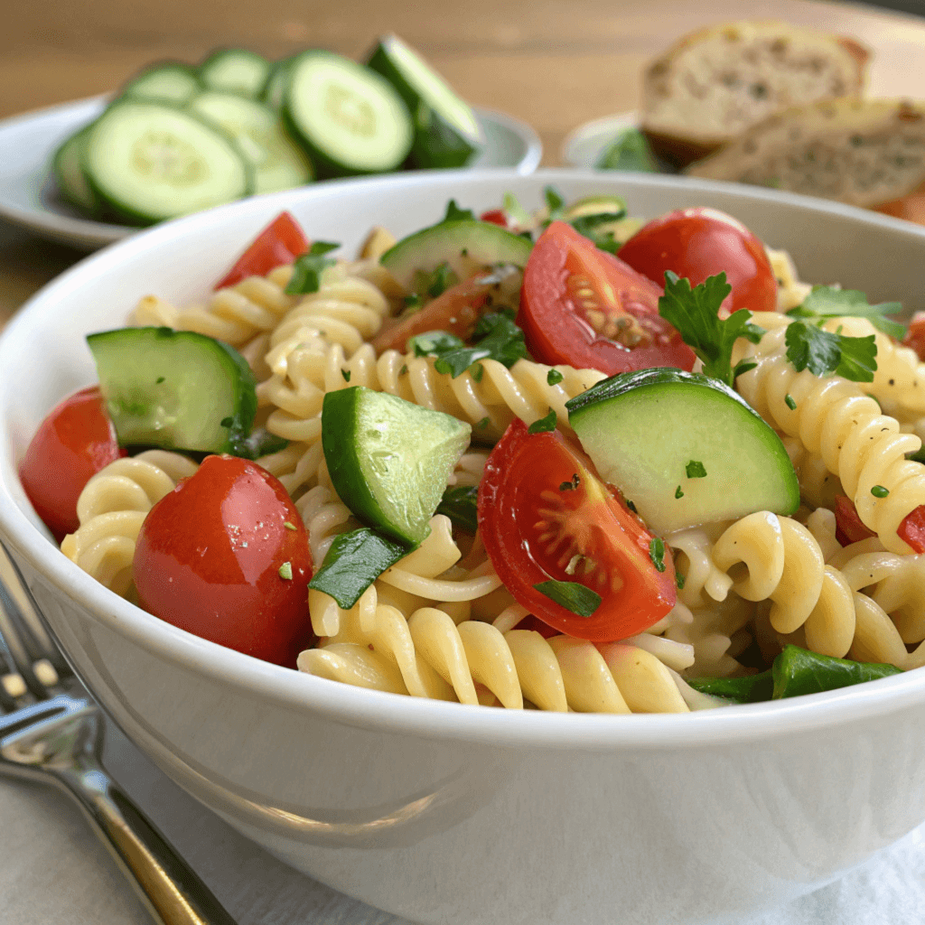 A vibrant cucumber tomato pasta salad served in a white bowl, featuring fresh cucumber slices, cherry tomatoes, spiral pasta, and garnished with basil leaves.