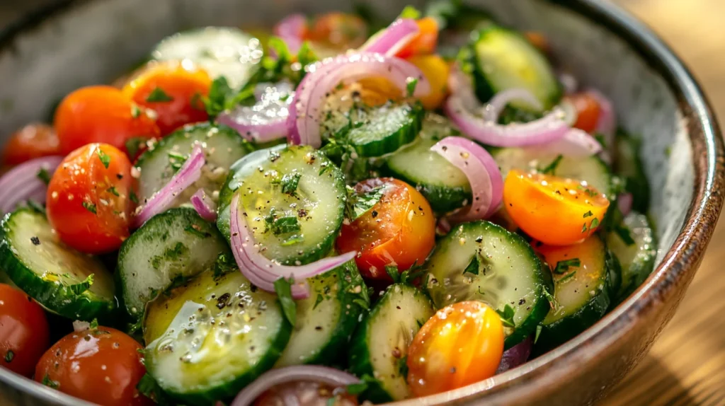 Fresh cucumber tomato salad with parsley and olive oil drizzle