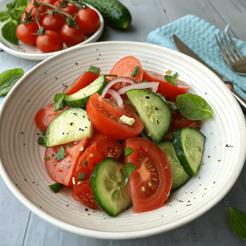 A vibrant cucumber and tomato salad with fresh herbs, showcasing a healthy and refreshing dish enjoyed worldwide.