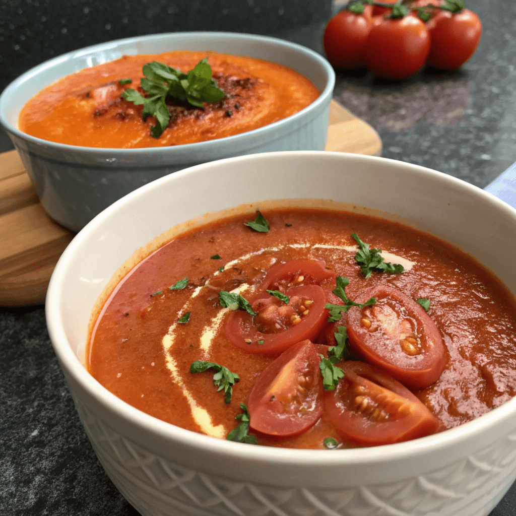 A comparison of tomato soup and tomato bisque, highlighting their texture, ingredients, and creaminess.