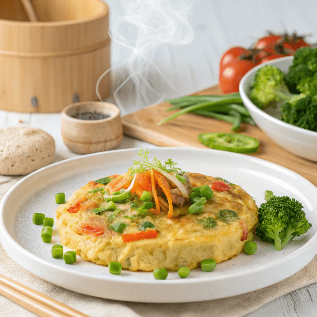 A plate of egg foo young with vegetables and sauce, showcasing a popular Chinese omelette dish.