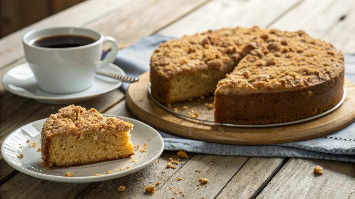 Freshly baked coffee cake with crumb topping and a cup of coffee.