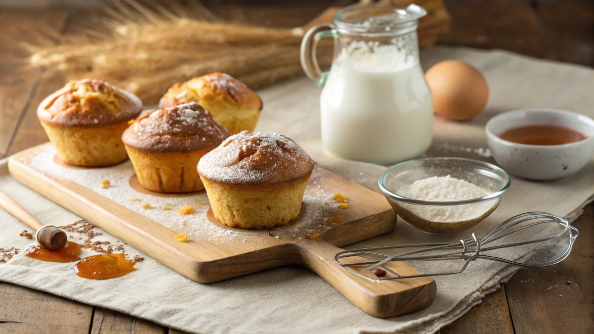 Freshly baked sour milk muffins on a wooden board in a rustic kitchen
