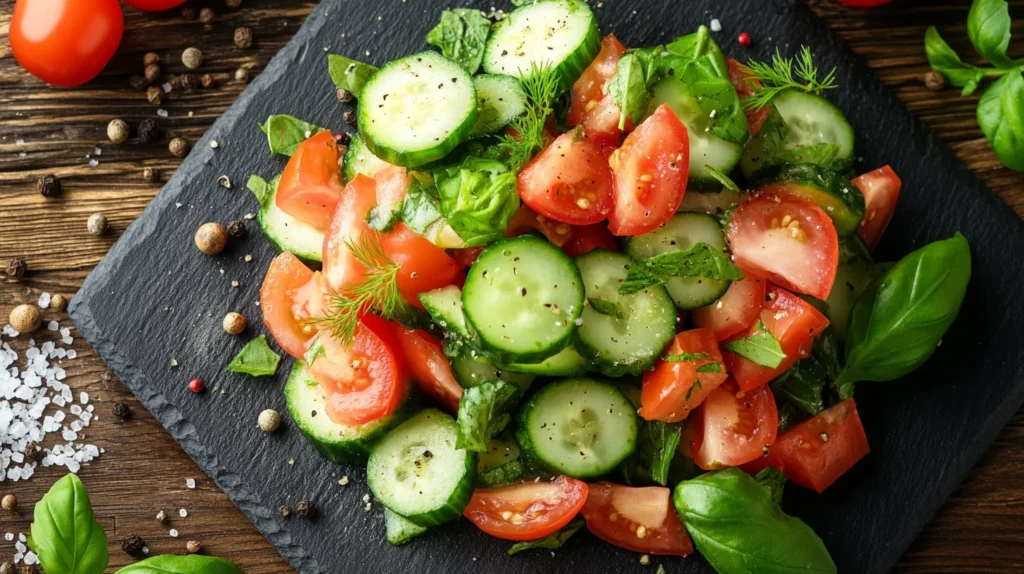 Cucumber and tomato salad on a slate plate with herbs and spices