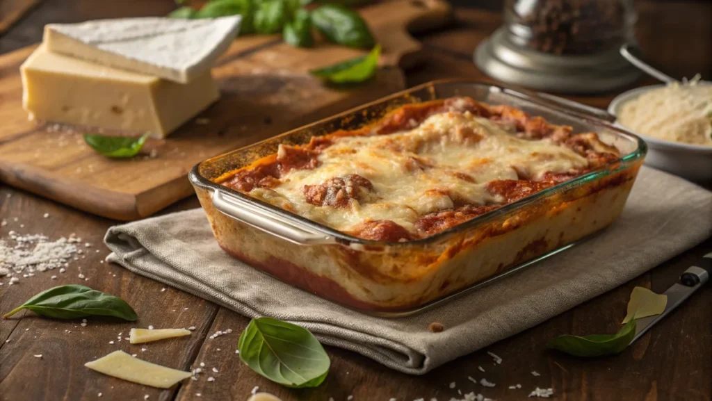 Delicious homemade lasagna with golden, bubbly cheese and rich tomato sauce.A perfectly layered lasagna fresh out of the oven, ready to serve.