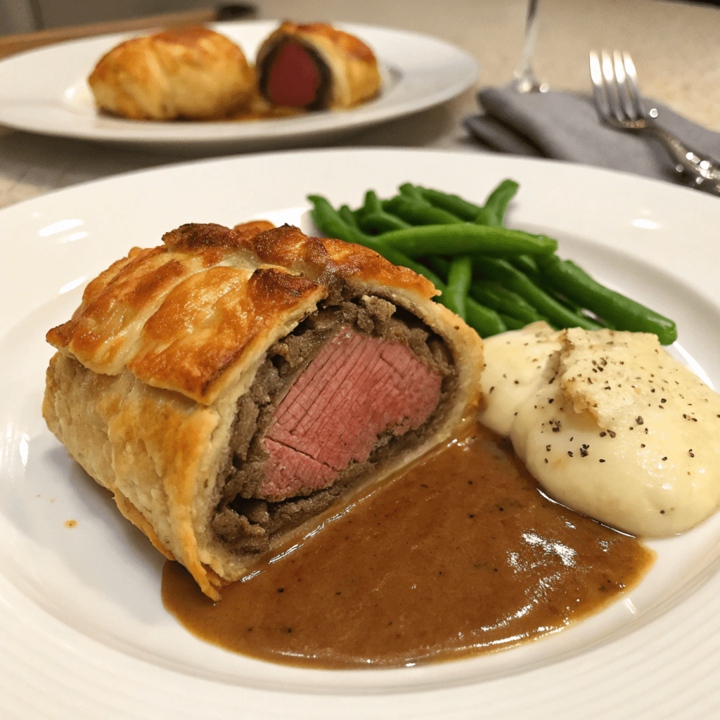 Perfectly cooked individual portions of Beef Wellington with golden, flaky pastry and rich fillings, elegantly plated for a special occasion.