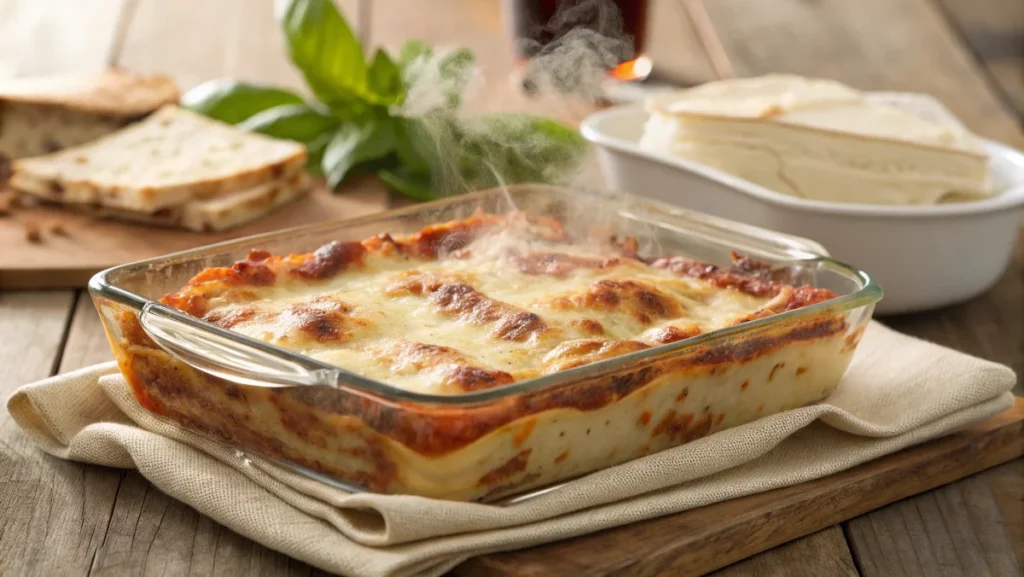 Lasagna in a baking dish, half covered with foil and half uncovered.