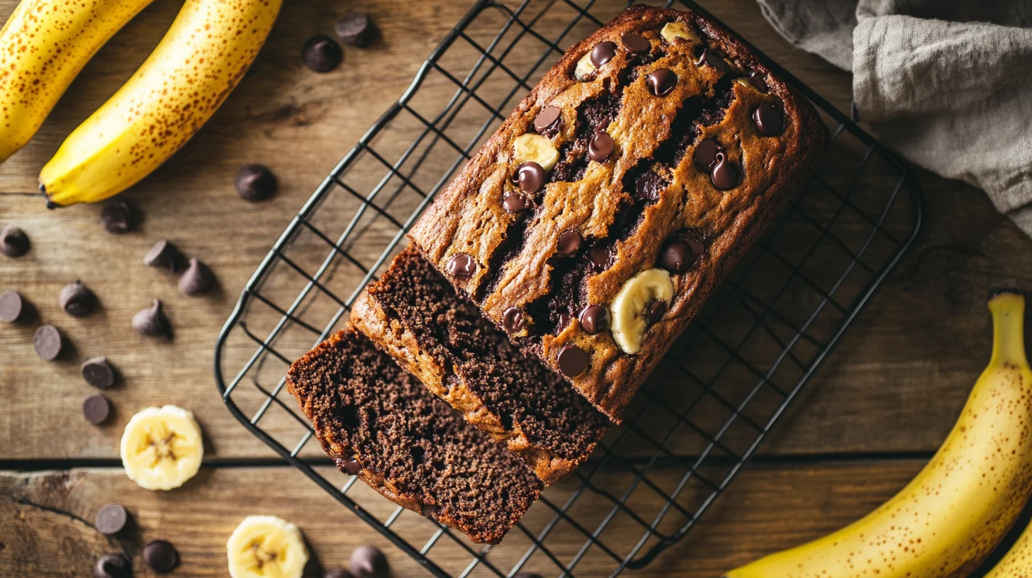 One-bowl chocolate chip banana bread with melted chocolate chips