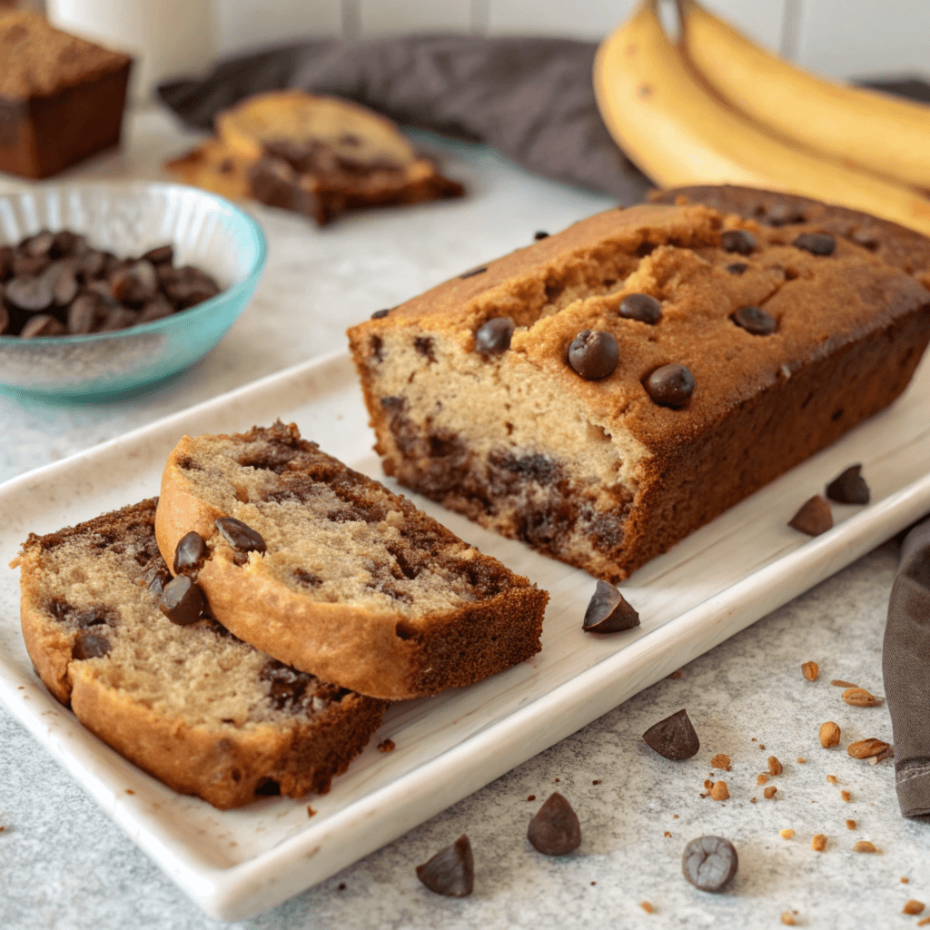 A freshly baked loaf of one-bowl chocolate chip banana bread, made with ripe bananas and sour milk, sliced and displayed on a wooden cutting board.