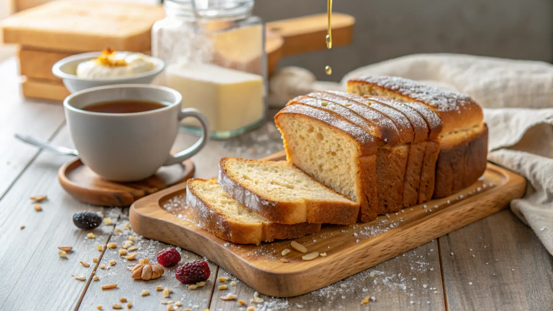 Four slices of toasted brioche with butter, honey, and sea salt, placed on a rustic wooden table with natural light.