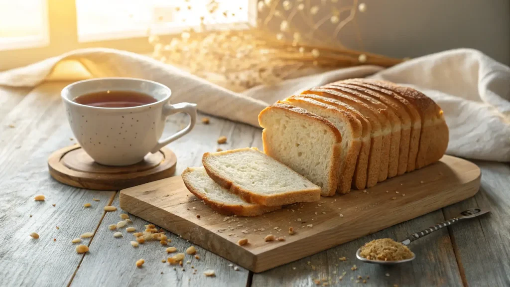 Four slices of toasted brioche with butter, honey, and sea salt, placed on a rustic wooden table with natural light.