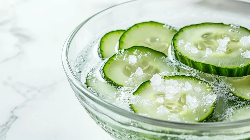 Fresh cucumber slices soaking in salt water with visible air bubbles