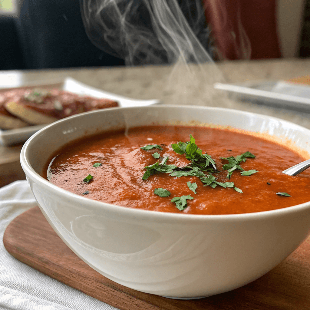 Delicious bowl of tomato bisque soup with creamy texture, garnished with fresh herbs and served with a side of crusty bread, perfect for enhancing flavors.