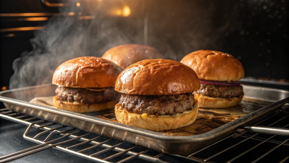 Juicy burgers baking on a wire rack in the oven, with golden-brown crusts.